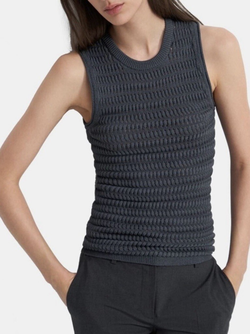 Theory Textured Sleeveless Knit Tank in Charcoal Gray